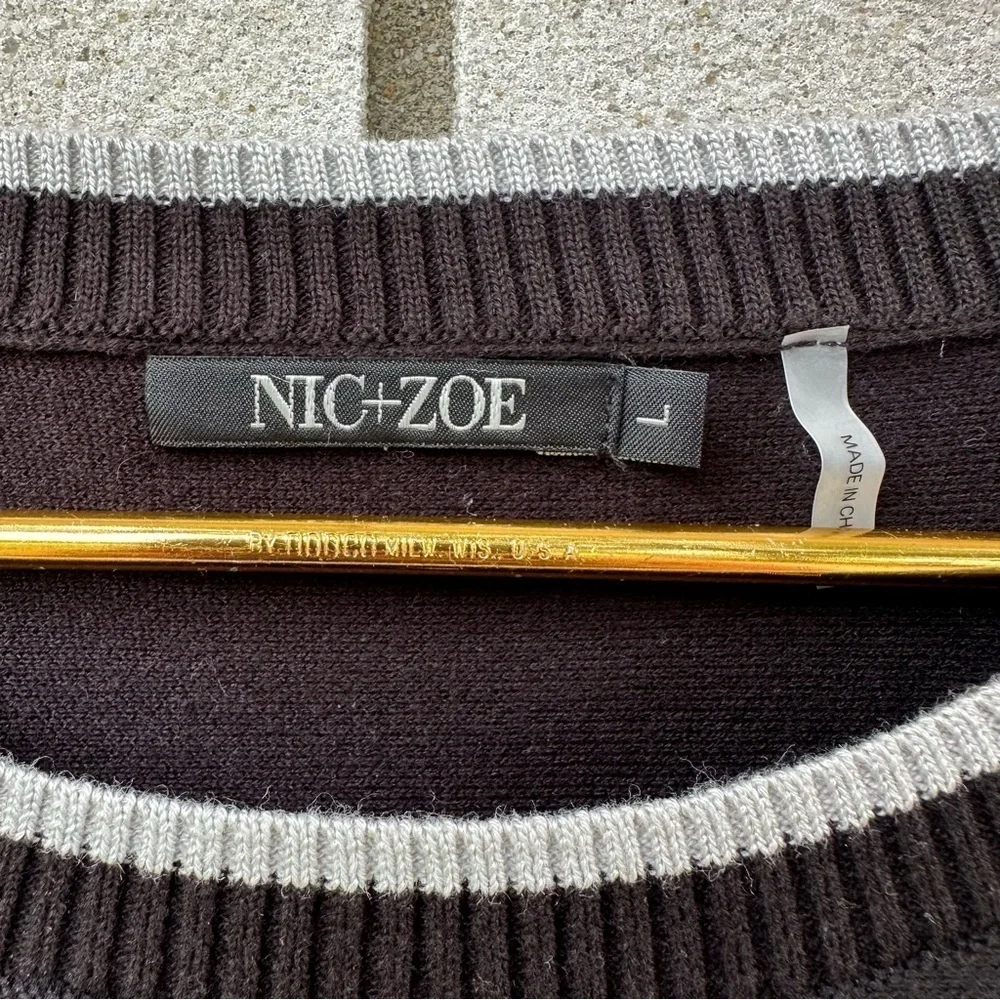 NIC+ZOE Black Knit Tunic Sweater L Off White Trim Cuffs Tie Back Layered Hem